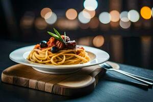 spaghetti avec tomate sauce et Olives sur une en bois tableau. généré par ai photo