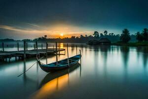 une bateau est assis sur le l'eau à le coucher du soleil. généré par ai photo