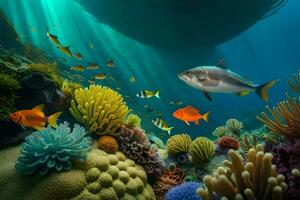 une poisson nage plus de une corail récif avec un sous-marin scène. généré par ai photo