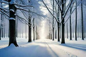 une neigeux forêt avec des arbres et Soleil brillant à travers. généré par ai photo