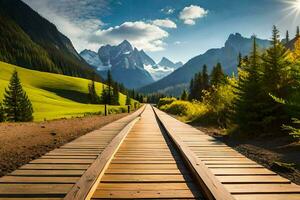 une en bois train Piste de premier plan à une Montagne gamme. généré par ai photo