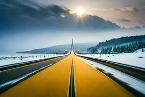 une longue exposition photo de une route dans le neige. généré par ai