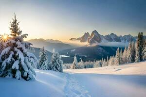 neige couvert des arbres et montagnes à le coucher du soleil. généré par ai photo