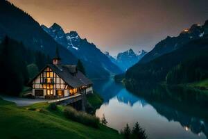 une maison est assis sur le côté de une Montagne surplombant une lac. généré par ai photo