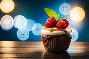 une petit gâteau avec des fraises et crème sur une en bois tableau. généré par ai photo