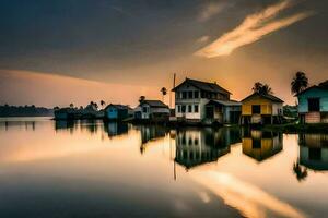 Maisons sur le l'eau à le coucher du soleil. généré par ai photo