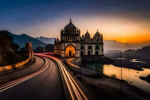 une magnifique le coucher du soleil avec une pont et une mosquée. généré par ai photo