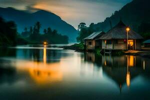 une petit maison est assis sur le bord de une rivière à crépuscule. généré par ai photo