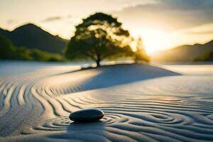 une Roche est assis sur le le sable à le coucher du soleil. généré par ai photo