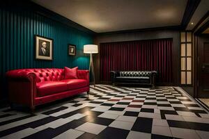 une pièce avec une noir et blanc à carreaux sol et rouge cuir canapé. généré par ai photo