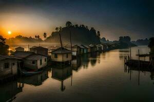 le lever du soleil plus de une rivière avec Maisons sur il. généré par ai photo