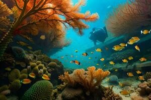 scaphandre autonome plongée dans le océan avec corail récifs et poisson. généré par ai photo