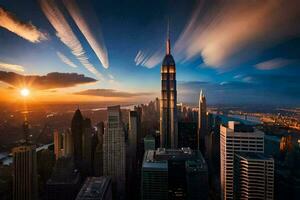 le ville horizon à le coucher du soleil avec des nuages dans le ciel. généré par ai photo