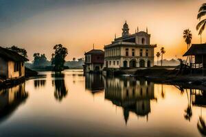 une église est réfléchi dans le l'eau à le coucher du soleil. généré par ai photo