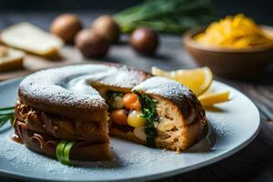 une assiette avec une Pâtisserie sur il et certains aliments. généré par ai photo