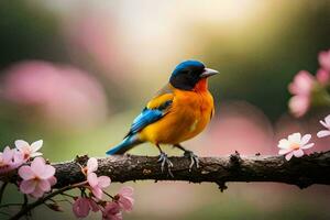 une coloré oiseau est assis sur une branche avec rose fleurs. généré par ai photo