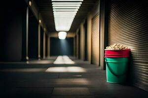 une seau de pop corn est séance sur le sol dans une foncé ruelle. généré par ai photo