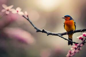 une coloré oiseau est assis sur une branche avec rose fleurs. généré par ai photo