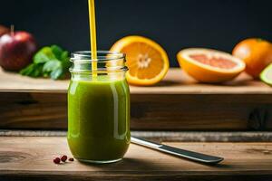 une verre pot avec vert jus sur une en bois tableau. généré par ai photo