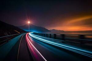 une longue exposition photographier de une Autoroute à nuit. généré par ai photo