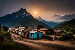 une village dans le montagnes à le coucher du soleil. généré par ai photo