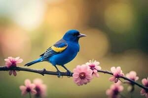 une bleu oiseau est assis sur une branche avec rose fleurs. généré par ai photo