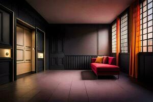 une pièce avec noir des murs et rouge rideaux. généré par ai photo