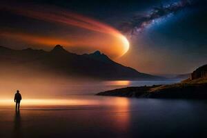 photo fond d'écran le ciel, le lune, le eau, le montagnes, le homme, le mil. généré par ai