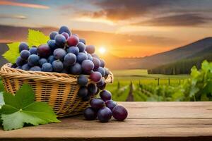 les raisins dans une panier sur une table avec une le coucher du soleil dans le Contexte. généré par ai photo