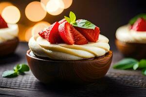 petit petits gâteaux avec des fraises sur Haut. généré par ai photo