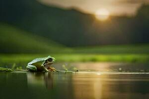 une grenouille séance sur le bord de une Lac à le coucher du soleil. généré par ai photo