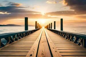une en bois pont plus de le océan à le coucher du soleil. généré par ai photo