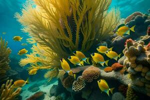 une corail récif avec beaucoup poisson nager autour il. généré par ai photo