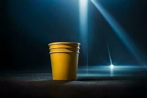 une Jaune Plastique tasse sur une foncé sol. généré par ai photo