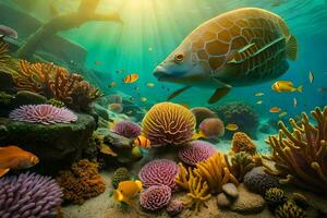 un sous-marin scène avec poisson et coraux. généré par ai photo