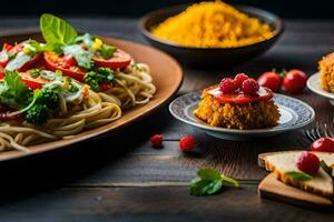 une assiette de Pâtes, tomates, et autre ingrédients. généré par ai photo