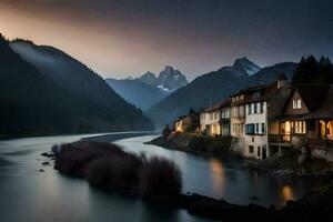 photo fond d'écran le ciel, montagnes, rivière, Maisons, le nuit, le montagnes, le rivière. généré par ai