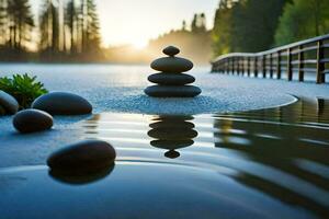 une Zen jardin avec des pierres et l'eau. généré par ai photo