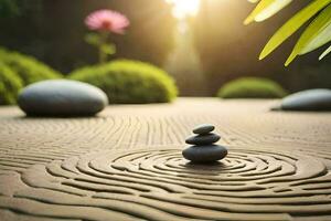 une pierre Labyrinthe dans le milieu de une jardin. généré par ai photo