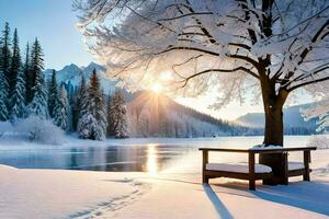 une banc est assis dans le neige suivant à une lac. généré par ai photo