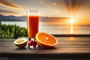 une verre de Orange jus et fruit sur une table avec le Soleil paramètre. généré par ai photo