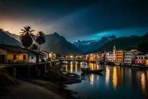 une rivière dans le montagnes à nuit avec bateaux et Maisons. généré par ai photo