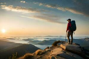 une homme avec une sac à dos et randonnée poteaux des stands sur Haut de une Montagne à lever du soleil. généré par ai photo