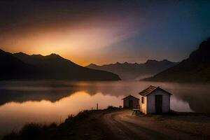 une petit cabine est assis sur le rive de une Lac à le coucher du soleil. généré par ai photo