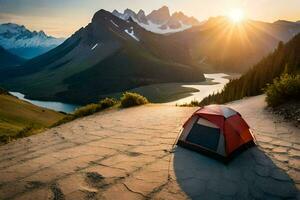 une tente est lancé sur une Montagne route à lever du soleil. généré par ai photo