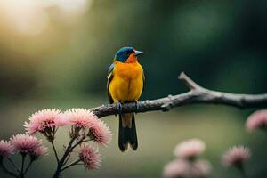 une coloré oiseau est assis sur une branche avec rose fleurs. généré par ai photo