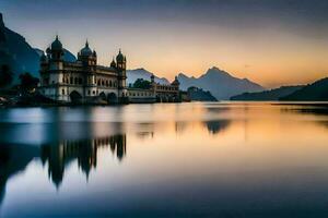 le le coucher du soleil plus de le Lac dans Inde. généré par ai photo