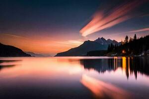 une magnifique le coucher du soleil plus de une Lac avec montagnes dans le Contexte. généré par ai photo