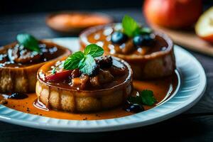 Trois mini desserts sur une assiette avec pommes. généré par ai photo