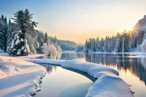 une neigeux rivière dans le l'hiver. généré par ai photo